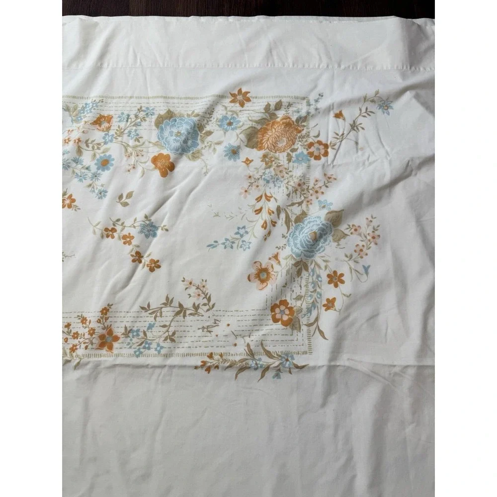 VTG FULL Sheet Set Tan Orange Blue Floral Flowers Tastemaker Percale 70s‎ Hippie